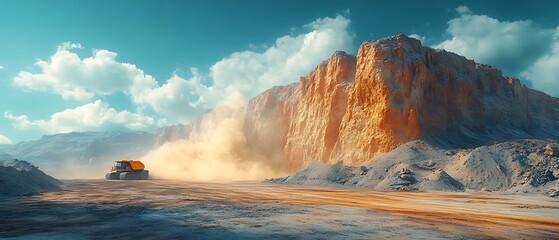 A large truck driving through a dusty quarry with a large rock face in the background.