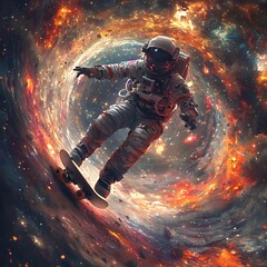 Canvas Print - An astronaut on a skateboard rides through a swirling galaxy.