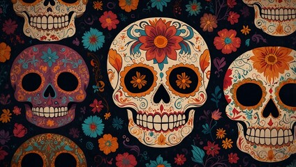 Colorful sugar skull background for Dia de los Muertos.