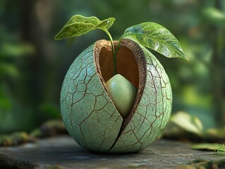 Wall Mural - New Life Emerging From Cracked Seed Pod - Nature Photography