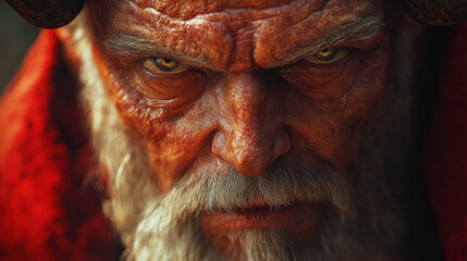 A close-up of an intense devilish figure with weathered skin and fiery eyes, exuding power and mystery