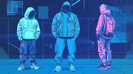 Modern set of retro bright blue banner in retro aesthetic with wireframe streetwear figure ornaments in style. Streetwear. Illustration