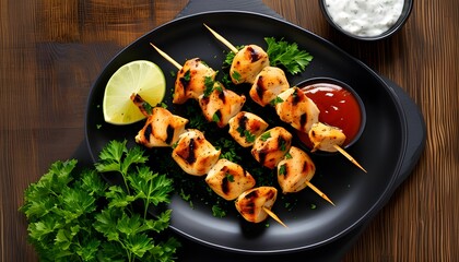 Wall Mural - Delicious grilled chicken skewers garnished with parsley and lime, served on a black plate with ketchup, embodying the essence of Greek cuisine in a vertical display