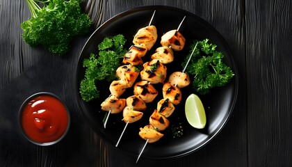 Wall Mural - Delicious grilled chicken skewers garnished with parsley and lime, served on a black plate with ketchup, embodying the essence of Greek cuisine in a vertical display