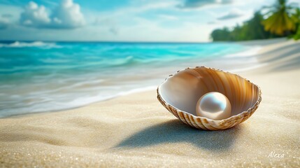 A glistening pearl rests inside an open seashell on a white sandy beach, with the turquoise ocean and a palm tree lined shore in the background.