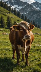 Wall Mural - Cow grazing peacefully in the Alpine pastures.