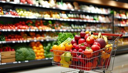 Wall Mural - Vibrant assortment of fresh fruits and vegetables in shopping cart amidst colorful supermarket shelves