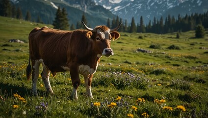 Wall Mural - Cow standing in a vibrant Alpine meadow.