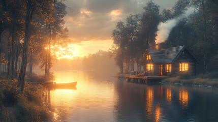 Wall Mural - Cabin in the Woods at Sunset 3D Illustration