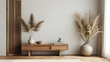 Poster - Serene minimalist living room featuring a wooden screen and a stylish vase of dried plants