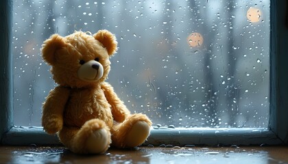 Wall Mural - Teddy Bear Loneliness by the Window as Raindrops Gently Fall Outside