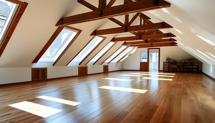 Canvas Print - Bright and airy penthouse loft featuring elegant parquet flooring and charming wooden beams