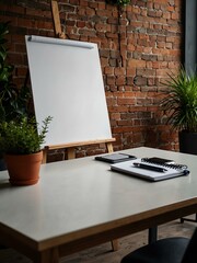 Creative workspace with a blank whiteboard and greenery.