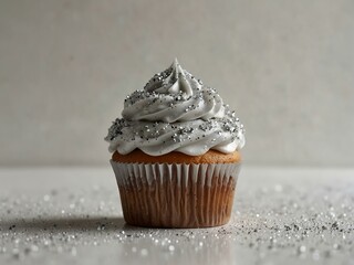 Wall Mural - Cupcake with white frosting and silver glitter on a white background.