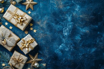 On a dark background, golden snowflakes, gifts, christmas balls, and stars can be seen