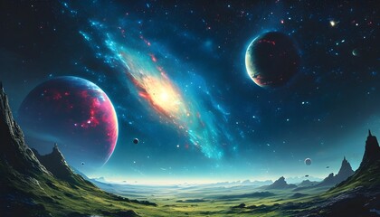 Wall Mural - Cosmic Landscape of Distant Planets and Twinkling Stars in a Futuristic Galaxy Background