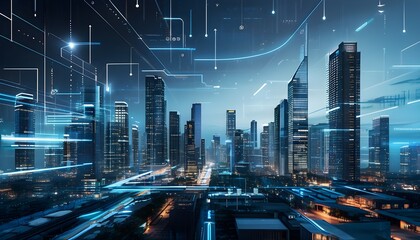 Wall Mural - Futuristic Smart City Concept with Urban Architecture and Directional Elements on Dark Blue Backdrop for Real Estate Marketing and Technology Presentations