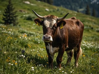 Wall Mural - Curious cow wandering through Alpine meadows.