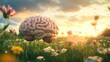 © Bos Amico - A 3D depicting the human brain s cerebral cortex enveloped in a vibrant lush garden of life and growth suspended over a serene sun dappled meadow landscape