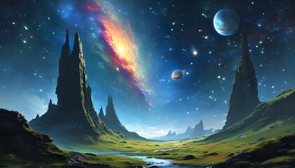 Wall Mural - Cosmic Landscape of Distant Planets and Twinkling Stars in a Futuristic Galaxy Background