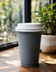 A sleek, disposable coffee cup with a white lid, placed on a wooden table near a window. The cup is surrounded by a soft morning light, highlighting the simplicity and elegance of a daily coffee