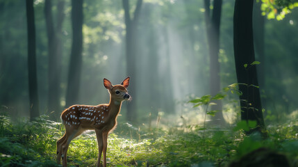 Canvas Print - Fawn in a Misty Woodland Glade Bathed in Soft Morning Light