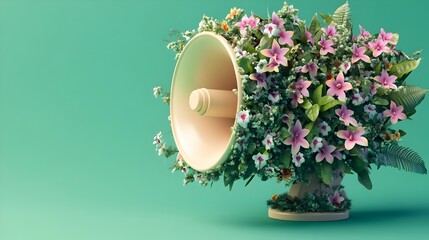 A 3D digital depicting a megaphone decorated with blooming orchids and philodendrons against a lush green background showcasing a creative and fusion of nature and technology