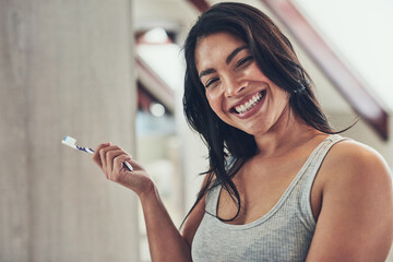 Poster - Home, portrait or happy woman brushing teeth for smile, confidence or morning breath. Face, results or proud female person cleaning mouth for dental care or oral hygiene in house bathroom in Mexico