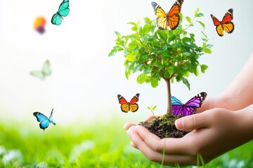 Nurturing Life: A Small Tree Held in Hands with Butterflies