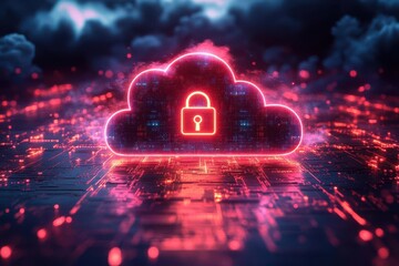 Sticker - futuristic neon cloud icon with a glowing padlock symbolizing data security abstract digital background with binary code and network connections