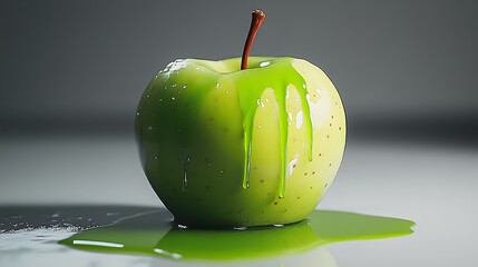 Wall Mural - A green apple with a green liquid dripping down it.