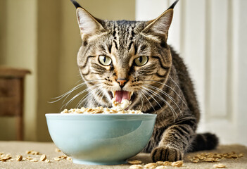 Wall Mural - Cat with bowl of food at home indoor.