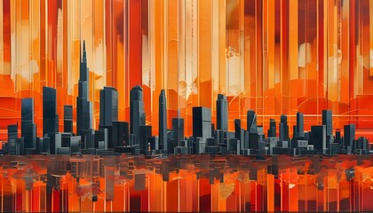 Sticker - Vibrant Geometric Cityscape Collage Featuring Bold Orange and Red Against Striped Background