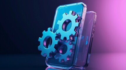 3d vector update icon with glassmorphism effect, featuring floating gears and a smartphone, symbolizing modern technology and software updates.