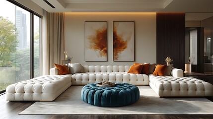 Modern living room with a large sectional sofa, ottoman, and two abstract paintings.