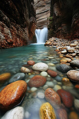 Canvas Print - river with colorful stones generative ai