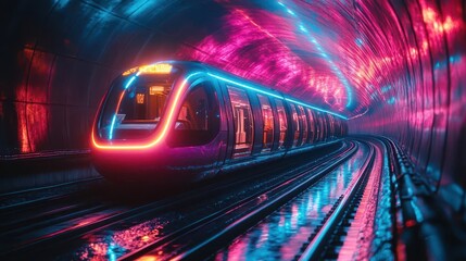 Wall Mural - futuristic subway train speeding through neonlit tunnel streaks of electric pink and blue light crea