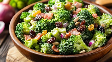 Wall Mural - Fresh broccoli salad with bacon, raisins, pine nuts, and red onion in a wooden bowl.