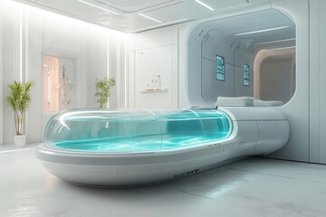 Sticker - futuristic water purification tank with transparent panels bioluminescent filtration system and holographic interface floating in a pristine white void