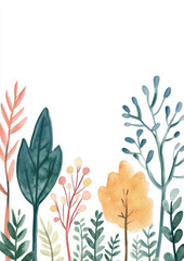 Wall Mural - A watercolor illustration of spring trees and plants on the bottom with a white background, in the children's book style.