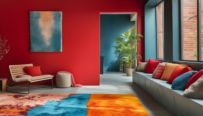 Wall Mural - Vibrant Carpet Cascading Against a Bold Red Wall