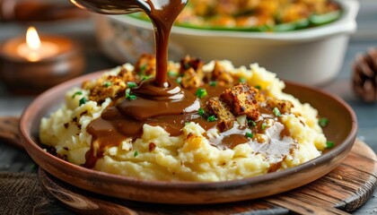 Delicious mashed potatoes topped with savory gravy and herbs, perfect for a comforting meal or holiday side dish.