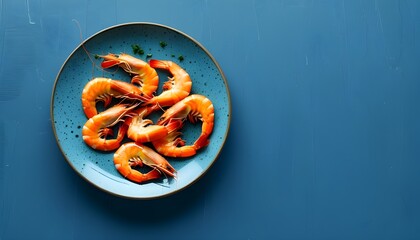 Wall Mural - Gourmet spiced shrimp served on artisan dish on vibrant blue tabletop with ample space for creative text