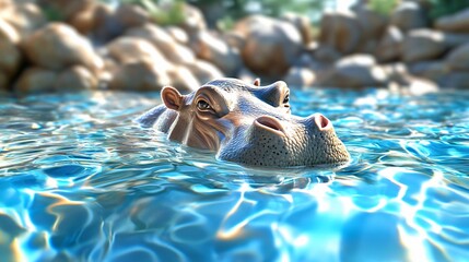 A close-up view of a hippo submerged in clear blue water, surrounded by smooth rocks, showcasing its graceful presence in nature.