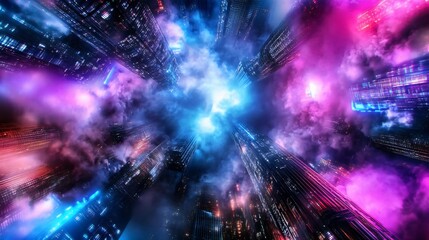 Wall Mural - a vibrant, futuristic skyline bursting with colorful energy and light, creating a mesmerizing cosmic