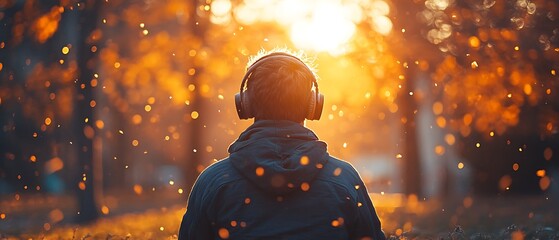 Person wearing headphones in a forest during a warm sunset.