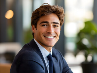 Businessman smiling during a discussion in a modern office.


