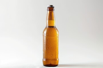 Sticker - A clear glass beer bottle with condensation on the outside, suitable for use in advertising or product photography