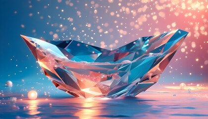 Sticker - Ethereal ballet of low-poly crystals twirling in soft light against a canvas of azure, rose, and pearl, sprinkled with delicate pink stardust