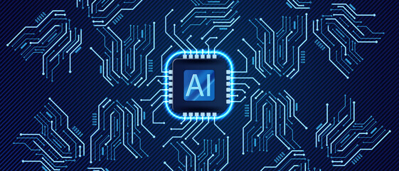 Wall Mural - Ai technology banner background. Futuristic design with CPU, circuit board. Artificial intelligence blue vector illustration.